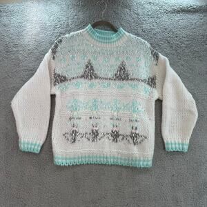 VTG Helium 80's Women's Large Knit Sweater Crew Neck White‎ / Gray / Blue